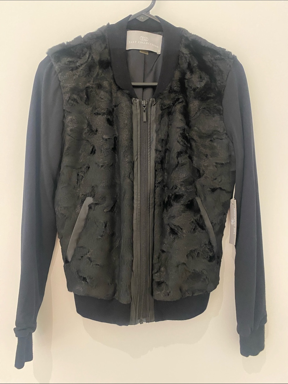 NWT Tart Collections Faux Fur Mixed Media Bomber Jacket Black Size XS